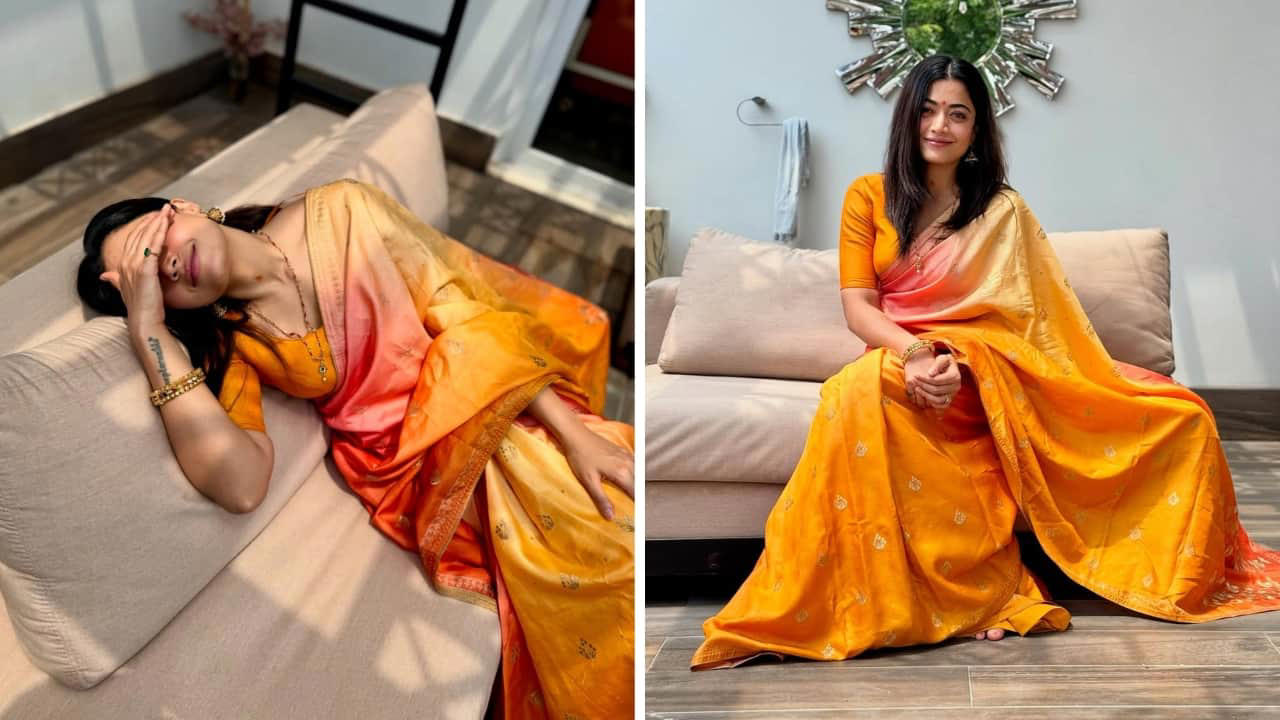 Charming in sunset hues For those who don’t want to go embroidery-heavy, Rashmika’s sunset saree is ideal. The traditional silhouette looks complete on its own. She has styled it with understated jewellery that perfectly works with the look.