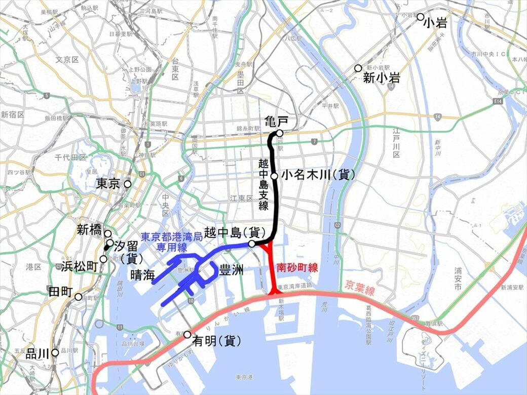 都内唯一の非電化路線, 国鉄の図面に「高架旅客ホーム」, 鉄道貨物衰退で計画に変化, LRT構想が再調査へ, 専用線の橋梁は遊歩道に