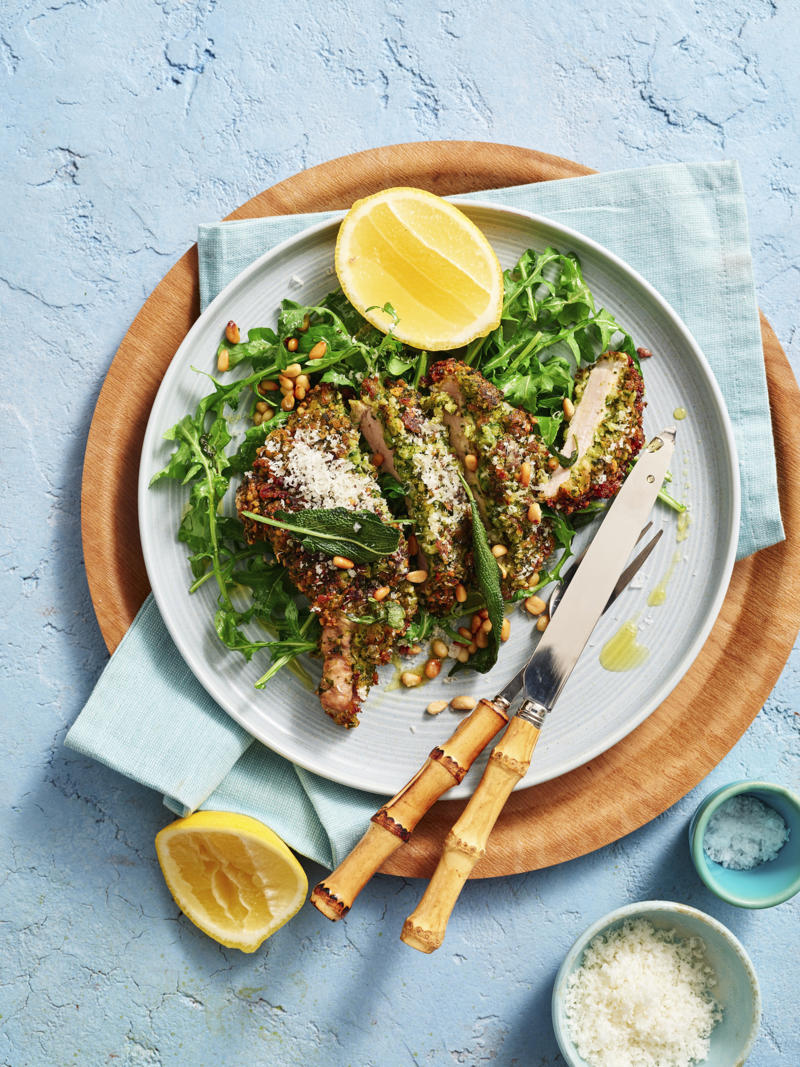 100 healthy dinner recipes your family will love, Eggplant pillows (Cuscini di melanzane) , Ginger fish stir fry , Grilled salmon and cos salad , Kale falafel salad with toasted pine nuts and hummus