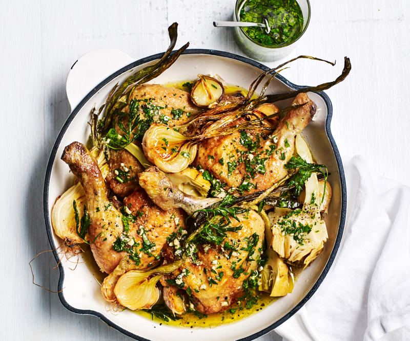          Sean Moran’s famous roast chicken with bread sauce      ,          Yoghurt roast chicken      ,          Roast chicken with preserved lemon and herbs      ,          Roasted harissa apricot chicken with almond and herb couscous      ,          Epocha’s roast chicken, braised Savoy cabbage, prune and butter sauce      ,          Za’atar roast chicken with pilaf, pomegranate and nuts      ,          Pan-roasted chicken with artichokes and salad onion      ,          Roast chicken thighs with sourdough panzanella      ,          Roast chicken with anchovy butter and greens      ,          Roast chicken with tarragon butter and Dutch carrots      ,          Matt Moran’s chicken roasted in spiced hay with lemon stuffing      ,          Nonna’s rice-stuffed chicken by Matteo Tine      ,          Paprika roast chicken with chorizo and white beans      