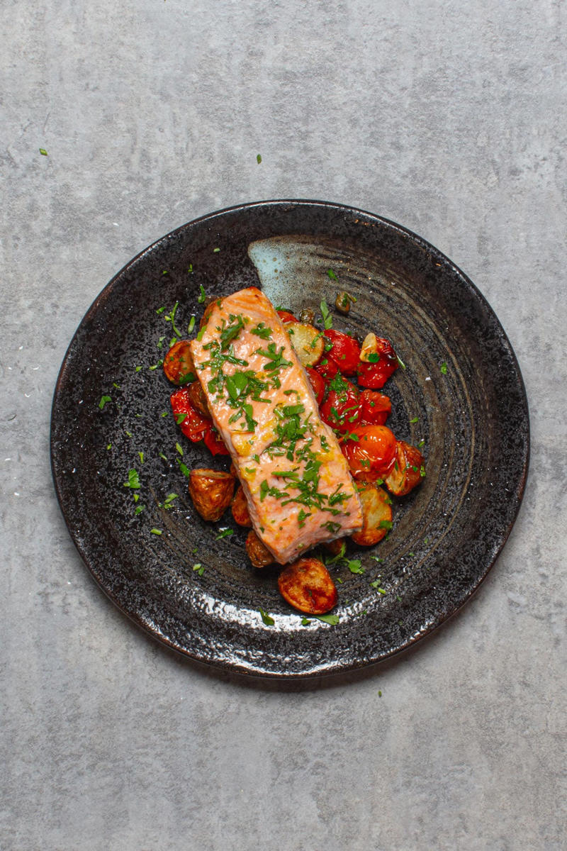 Shopping list, Salmon with roasted cherry tomato, capers and new potatoes, Honey-lime ginger wings with gnocchi salad, Sesame-crusted beef metabll banh mi