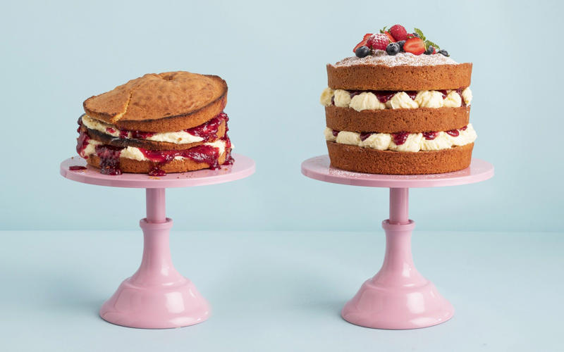 1. Pastry that’s as tough as old boots, 2. A shrunken pastry case, 3. A pie (or tart) with a soggy bottom, 4. Curdled cake mix, 5. A cake with a sunken middle, 6. A cake with a dark top but undercooked middle, 7. Fruit sinking to the bottom of cake, 8. The base of the cake sticking to the tin, 9. Overflowing or peaking cupcakes and muffins, 10. Spreading biscuits and cookies, 11. Weeping meringues, 12. Dry, crumbly brownies, 13. Rock-hard scones