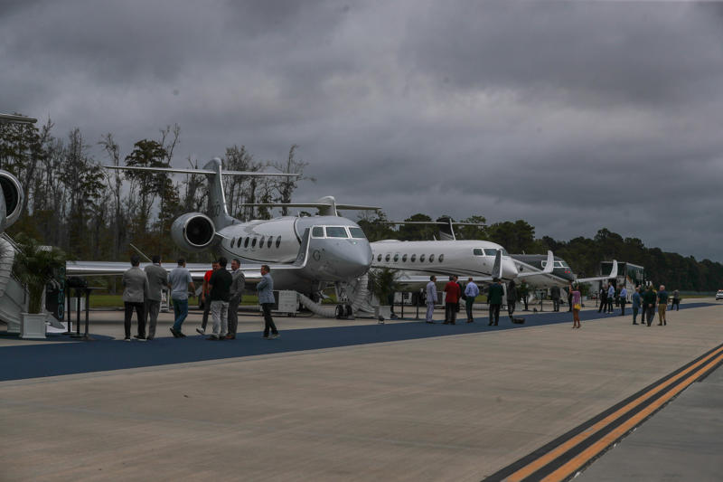 Customers browse the fleet of next-generation aircraft during the Gulfstream Discover the Difference Customer event on Tuesday, September 30, 2025 at the Gulfstream Research and Development facility in Savannah, Ga..
