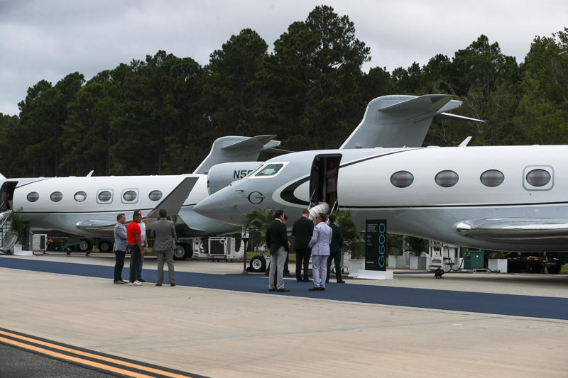 Customers browse the Gulfstream next-generation fleet during the Gulfstream an exclusive Discover the Difference Customer event on Tuesday, September 30, 2025 at the Gulfstream Research and Development facility in Savannah, Ga..