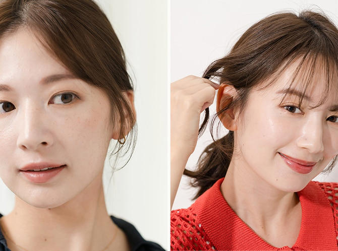 まとめ髪にするとこんな感じ！, ベースのヘアスタイルはこちら！, 軽やかで明るい 好感度抜群のまとめ髪, ２ ひとつに縛る, ３ 根元を起こして空気感をプラス, ４ 一束残して残りは耳に掛ける, ＼仕上がりはこちら／