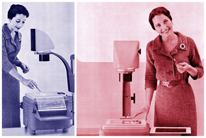 #1: Overhead projectors #1: Overhead projectors, #3: Filmstrip projectors, #4: Globes, #6: Slide rulers, #7: Overhead markers, #9: Tape recorders, #10: Compasses, #12: Typewriters, #13: Pencil sharpeners, #15: Staplers, #16: Mimeograph machines, #18: Rulers with slide-ins, #19: Science lab goggles, #21: Projector reels, #22: Magnifying glasses, #24: Abacuses, #25: Ink blotters