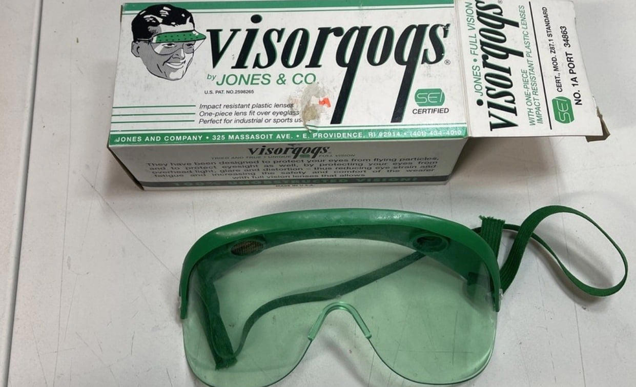 #19: Science lab goggles #1: Overhead projectors, #3: Filmstrip projectors, #4: Globes, #6: Slide rulers, #7: Overhead markers, #9: Tape recorders, #10: Compasses, #12: Typewriters, #13: Pencil sharpeners, #15: Staplers, #16: Mimeograph machines, #18: Rulers with slide-ins, #19: Science lab goggles, #21: Projector reels, #22: Magnifying glasses, #24: Abacuses, #25: Ink blotters