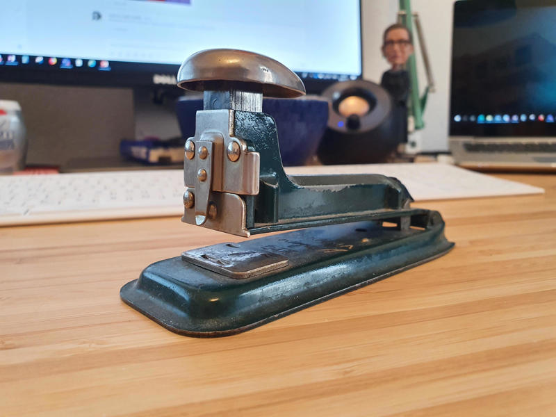 #15: Staplers #1: Overhead projectors, #3: Filmstrip projectors, #4: Globes, #6: Slide rulers, #7: Overhead markers, #9: Tape recorders, #10: Compasses, #12: Typewriters, #13: Pencil sharpeners, #15: Staplers, #16: Mimeograph machines, #18: Rulers with slide-ins, #19: Science lab goggles, #21: Projector reels, #22: Magnifying glasses, #24: Abacuses, #25: Ink blotters