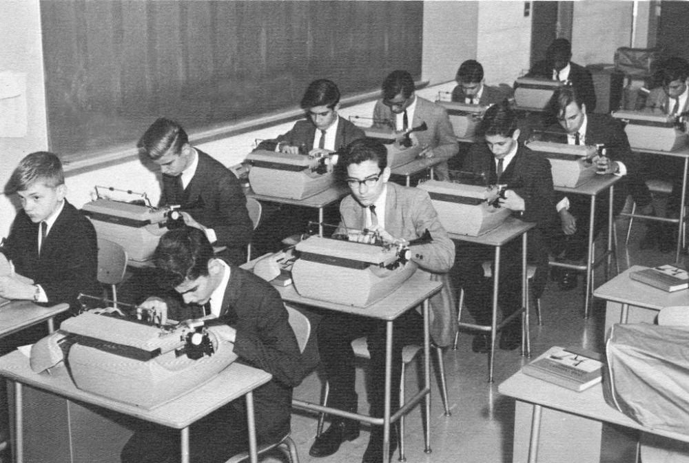 #12: Typewriters #1: Overhead projectors, #3: Filmstrip projectors, #4: Globes, #6: Slide rulers, #7: Overhead markers, #9: Tape recorders, #10: Compasses, #12: Typewriters, #13: Pencil sharpeners, #15: Staplers, #16: Mimeograph machines, #18: Rulers with slide-ins, #19: Science lab goggles, #21: Projector reels, #22: Magnifying glasses, #24: Abacuses, #25: Ink blotters
