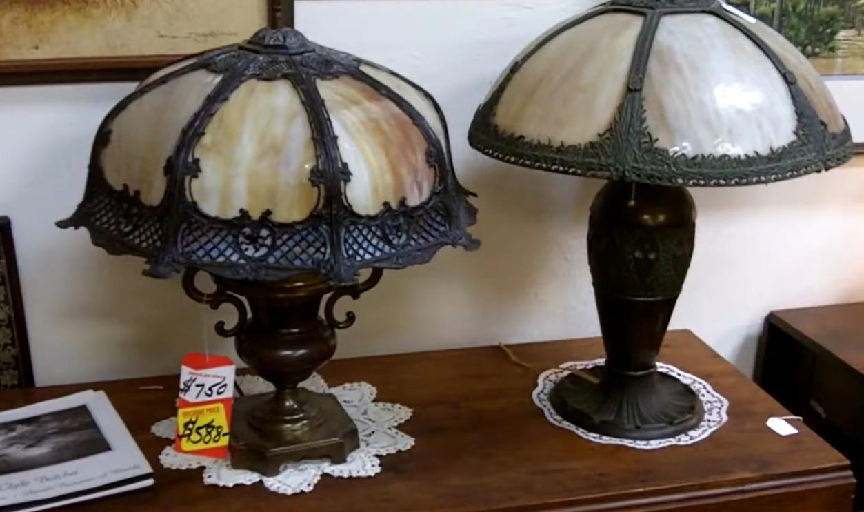 Lighting Up Big Bucks, Gooseneck Desk Lamp (1940s), Aladdin Mantle Kerosene Lamp (1930s), Mid-Century Modern Bullet Lamp (1960s), Falkenstein Glass Lamp (1970s), Art Nouveau Boudoir Lamp (1910s), Gone With the Wind Lamp (1890s), Phil-Mar Ceramic Lamp (1950s), Rembrandt Torchiere Lamp (1930s), Vintage Laurel Mushroom Lamp (1970s), Handel Slag Glass Lamp (1910s), Majestic Z Lamp (1950s), Bridge Arm Floor Lamp (1920s), Ginger Jar Lamps by Frederick Cooper (1960s), Tiffany Reproduction Lamp (Early 1900s), Murano Glass Lamp (1950s), Eames Era Saucer Pendant Lamp (1950s), Handel Reverse Painted Lamp (1920s), Tiffany Studios Bronze Base (1910s), Pairpoint Puffy Lamp (1910s), Miller Slag Glass Lamp (1900s), Duffner &amp; Kimberly Leaded Lamp (1910s), Tiffany Studios Desk Lamp (1910s)
