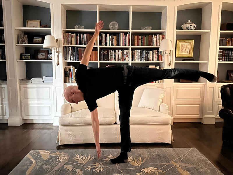 The first thing I do is make a large cup of "graffee.", I do 100 "Barnett-ups" to stay fit, a workout I invented., I do more practical work while I drink my smoothie., I stretch for 30 to 40 minutes before going to bed at 10 p.m.