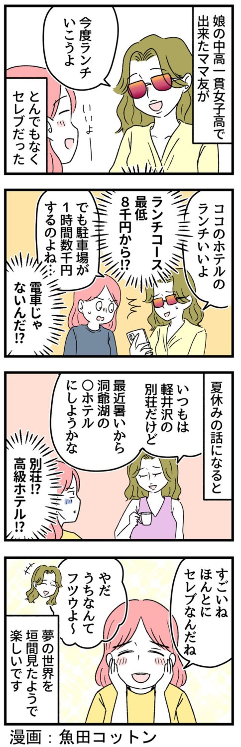 「駐車場が1時間数千円するのよね」, 軽井沢の別荘と、冬休みのドバイ, 高級住宅地の一軒家と美容外科の女医, 夢を見せてくれる存在としてのセレブママ
