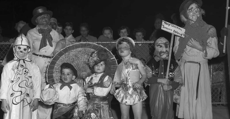 1920s: Witches, 1930s: Harlequin costume, 1950s: More witches, 1960s: Vampire, 1970s: Musical artists, 1980s: Masks, 1990s: Nurse, 1990s: Angels, 2000s: Spice Girls (David Beckham), 2000s: Fairies, 2010s: Zombies, 2010s: Elsa from Frozen, 2020s: Historical figures