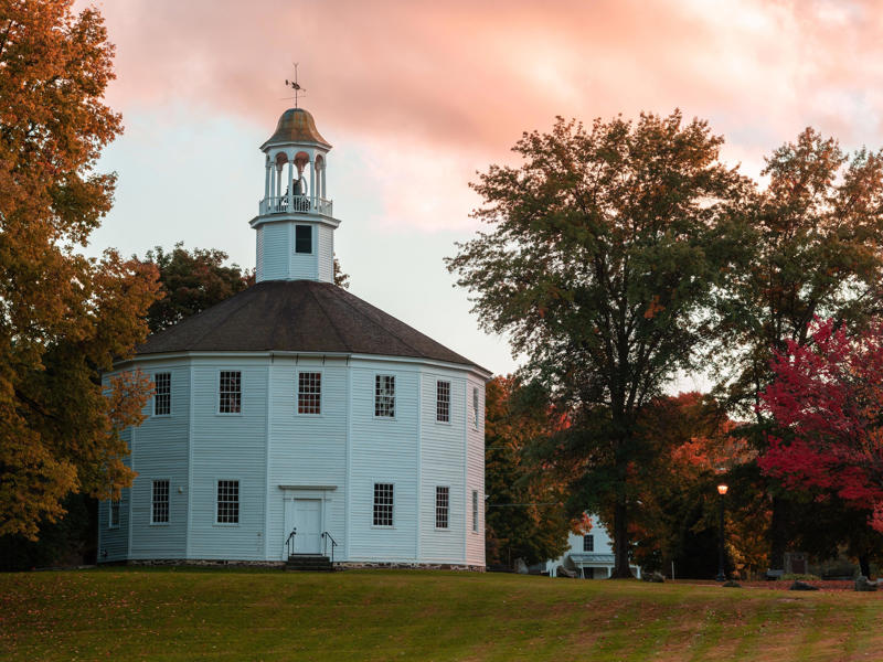 VERMONT: The Old Round Church ALABAMA: Gulf, Mobile, and Ohio Passenger Terminal, ALASKA: The University of Alaska's Museum of the North, ARIZONA: Chapel of the Holy Cross, ARKANSAS: Thorncrown Chapel, CALIFORNIA: The Chemosphere, CONNECTICUT: Grace Farms, DELAWARE: Wilmington's Grand Opera House, FLORIDA: The Salvador Dalí Museum, HAWAII: ʻIolani Palace, IDAHO: The Dog Bark Park Inn, ILLINOIS: Bahá'í House of Worship, INDIANA: West Baden Springs Hotel, IOWA: Grotto of the Redemption, KANSAS: Big Well in Greensburg, KENTUCKY: Churchill Downs, LOUISIANA: The Pontalba Buildings, MAINE: The Portland Head Light, MARYLAND: The American Visionary Art Museum, MASSACHUSETTS: Simmons Hall at MIT, MICHIGAN: Charles H. Wright Museum of African American History, MINNESOTA: The Marjorie McNeely Conservatory, MISSOURI: The Community Bookshelf, MONTANA: Montana State Capitol building, NEVADA: Ward Charcoal Ovens, NEW HAMPSHIRE: Mount Washington Hotel, NEW JERSEY: Nassau Hall at Princeton University, NEW YORK: The Chrysler Building, NORTH DAKOTA: The North Dakota Heritage Center, OHIO: The Longaberger Company building, SOUTH DAKOTA: The Corn Palace, TENNESSEE: Parthenon in Centennial Park, TEXAS: James Turrell's Twilight Epiphany skyspace, UTAH: Natural History Museum of Utah, VERMONT: The Old Round Church, VIRGINIA: Dulles International Airport, WASHINGTON: Seattle Central Library, WEST VIRGINIA: The Palace of Gold, WISCONSIN: The Burke Brise Soleil, WYOMING: Smith Mansion