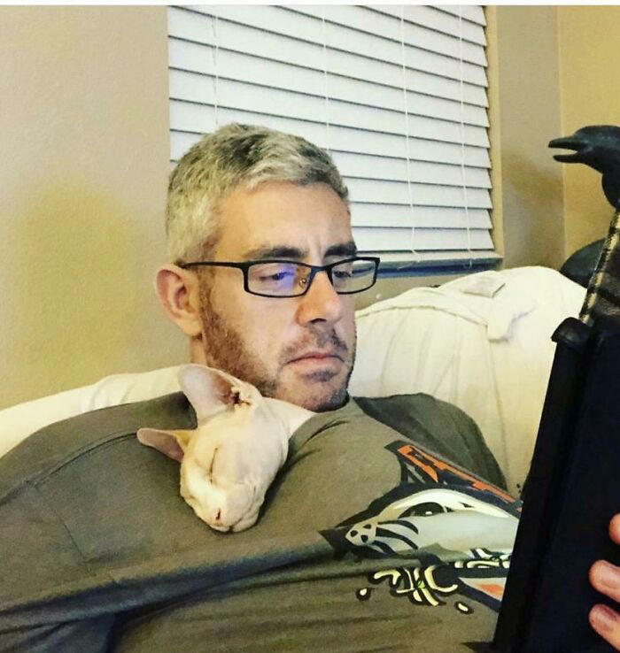 #17 He Was A Firm Opponent Of The Hairless Cat But Skin To Skin Is The Best Way To Connect #11 "I Will Not Be Raising That Dog" ;), #21 My Dad And His Grandcat, #23 He Still Calls Him "Stupid Cat", #25 Dad Didn’t Want Kissems. Naturally, Kissems Loves Dad The Most, #37 My Dad Regularly Sends Me Messages Like This, #39 My Dad: I Want Nothing To Do With That Pile Of Hair, #41 My Dad-Who-Did-Not-Want-Pets Comforting A Scared Pup On His First Vet Trip, #43 Um Can We Get Some Privacy Please?