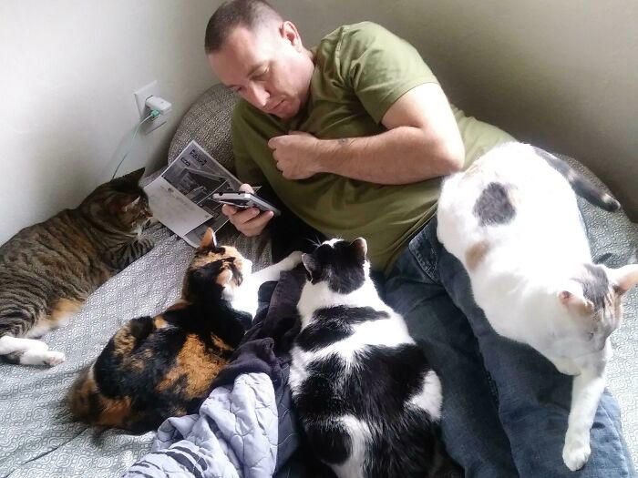 #5 Hubs Was Never A Cat Person. Now He Tells Me How They Individually Like To Be Pet, And They All Behave And Don’t Fight When Sitting By Daddy. I Don’t Know Who Trained Who #11 "I Will Not Be Raising That Dog" ;), #21 My Dad And His Grandcat, #23 He Still Calls Him "Stupid Cat", #25 Dad Didn’t Want Kissems. Naturally, Kissems Loves Dad The Most, #37 My Dad Regularly Sends Me Messages Like This, #39 My Dad: I Want Nothing To Do With That Pile Of Hair, #41 My Dad-Who-Did-Not-Want-Pets Comforting A Scared Pup On His First Vet Trip, #43 Um Can We Get Some Privacy Please?