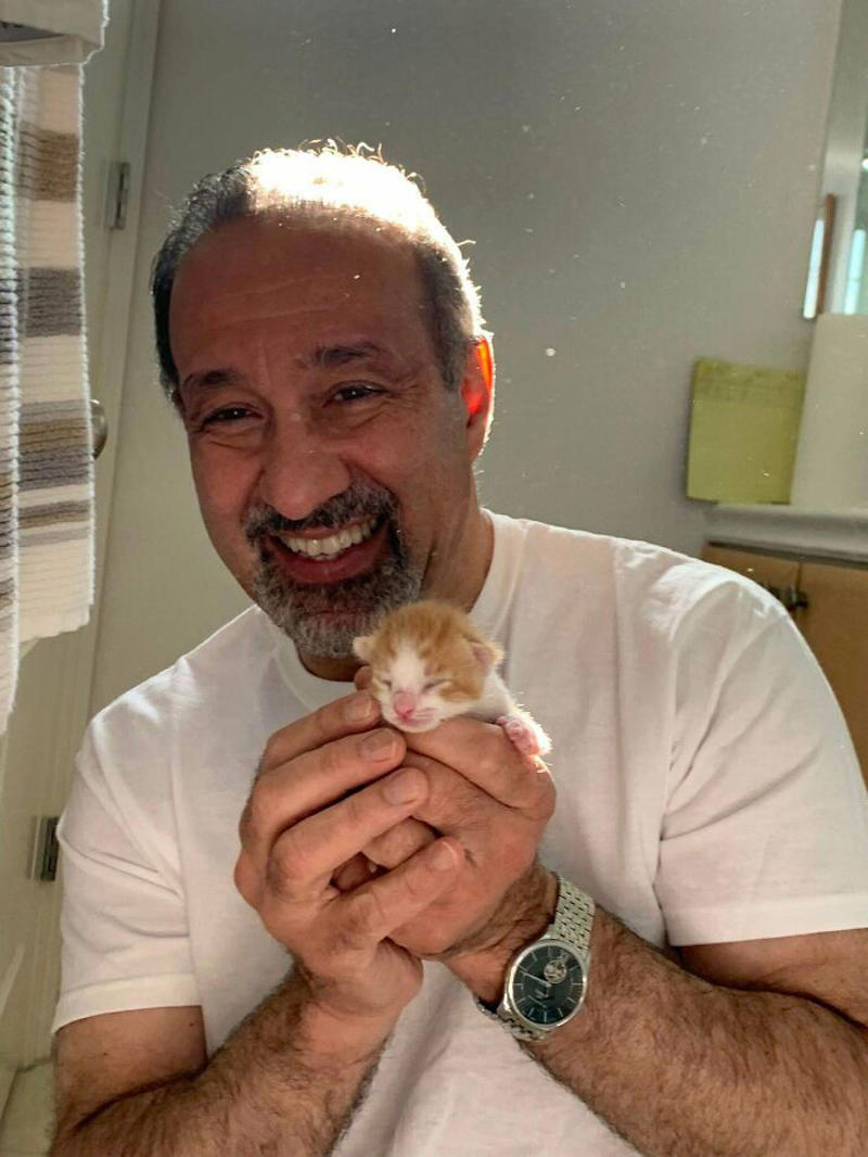 #7 My Dad, Circa 3 Weeks Ago: #11 "I Will Not Be Raising That Dog" ;), #21 My Dad And His Grandcat, #23 He Still Calls Him "Stupid Cat", #25 Dad Didn’t Want Kissems. Naturally, Kissems Loves Dad The Most, #37 My Dad Regularly Sends Me Messages Like This, #39 My Dad: I Want Nothing To Do With That Pile Of Hair, #41 My Dad-Who-Did-Not-Want-Pets Comforting A Scared Pup On His First Vet Trip, #43 Um Can We Get Some Privacy Please?