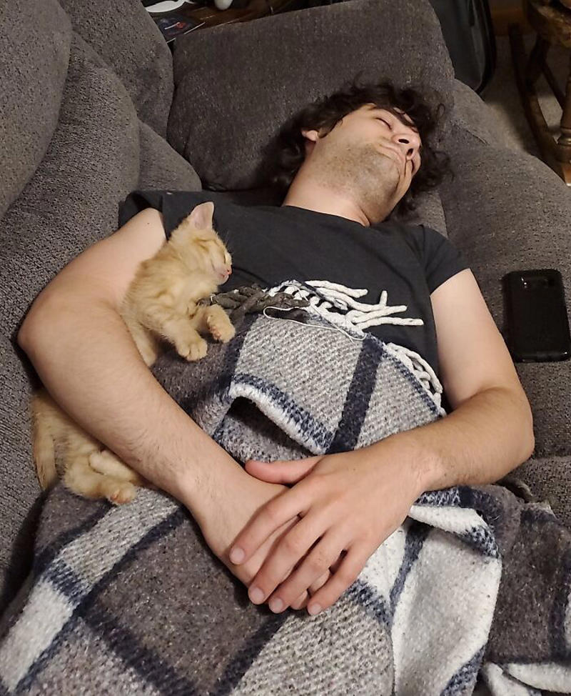 #15 Boyfriend Didn't Want A Kitten. He Relented During Quarantine Because He Was An Essential Worker And I Was Alone By Myself Most Days. Now They're Cuddle Buddies #11 "I Will Not Be Raising That Dog" ;), #21 My Dad And His Grandcat, #23 He Still Calls Him "Stupid Cat", #25 Dad Didn’t Want Kissems. Naturally, Kissems Loves Dad The Most, #37 My Dad Regularly Sends Me Messages Like This, #39 My Dad: I Want Nothing To Do With That Pile Of Hair, #41 My Dad-Who-Did-Not-Want-Pets Comforting A Scared Pup On His First Vet Trip, #43 Um Can We Get Some Privacy Please?