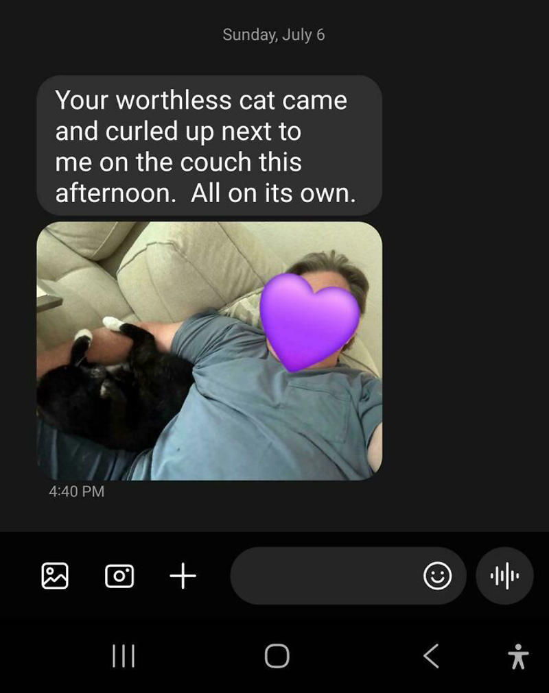#37 My Dad Regularly Sends Me Messages Like This #11 "I Will Not Be Raising That Dog" ;), #21 My Dad And His Grandcat, #23 He Still Calls Him "Stupid Cat", #25 Dad Didn’t Want Kissems. Naturally, Kissems Loves Dad The Most, #37 My Dad Regularly Sends Me Messages Like This, #39 My Dad: I Want Nothing To Do With That Pile Of Hair, #41 My Dad-Who-Did-Not-Want-Pets Comforting A Scared Pup On His First Vet Trip, #43 Um Can We Get Some Privacy Please?