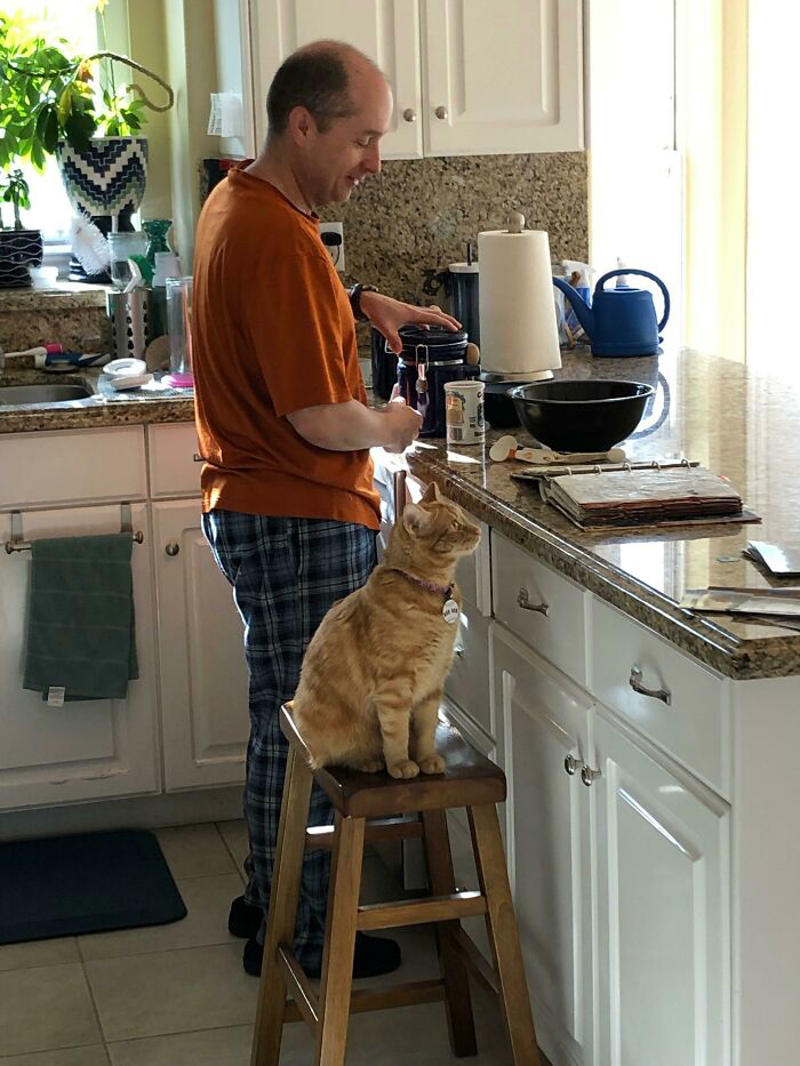 #31 Took A Lot Of Convincing To Get One Cat, Let Alone Two. Cat #2 And Dad Are Now Best Buds Who Make Pancakes Together #11 "I Will Not Be Raising That Dog" ;), #21 My Dad And His Grandcat, #23 He Still Calls Him "Stupid Cat", #25 Dad Didn’t Want Kissems. Naturally, Kissems Loves Dad The Most, #37 My Dad Regularly Sends Me Messages Like This, #39 My Dad: I Want Nothing To Do With That Pile Of Hair, #41 My Dad-Who-Did-Not-Want-Pets Comforting A Scared Pup On His First Vet Trip, #43 Um Can We Get Some Privacy Please?