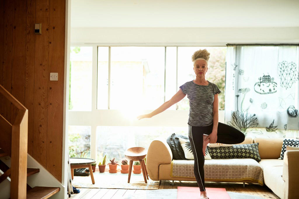 5. Balancing on one leg for a minute 1. Get up from the floor with one hand supporting you, 2. Remember why you went into a room, 3. Learn new tricks, 4. Lift heavy objects off the floor, 5. Balancing on one leg for a minute, 6. Push past the puff, 7. Look for the silver lining