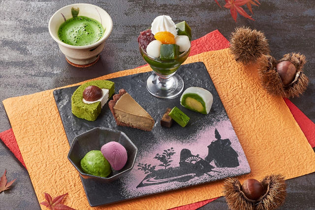 【第1弾】栗と抹茶のハーモニー「抹茶モンブランパフェ」, 【第2弾】色で秋を感じる「もみじ抹茶パフェ」, 秋限定！源氏物語 栗の抹茶スイーツプレート, 秋を楽しむ「抹茶パフェアイスバー もみじ」