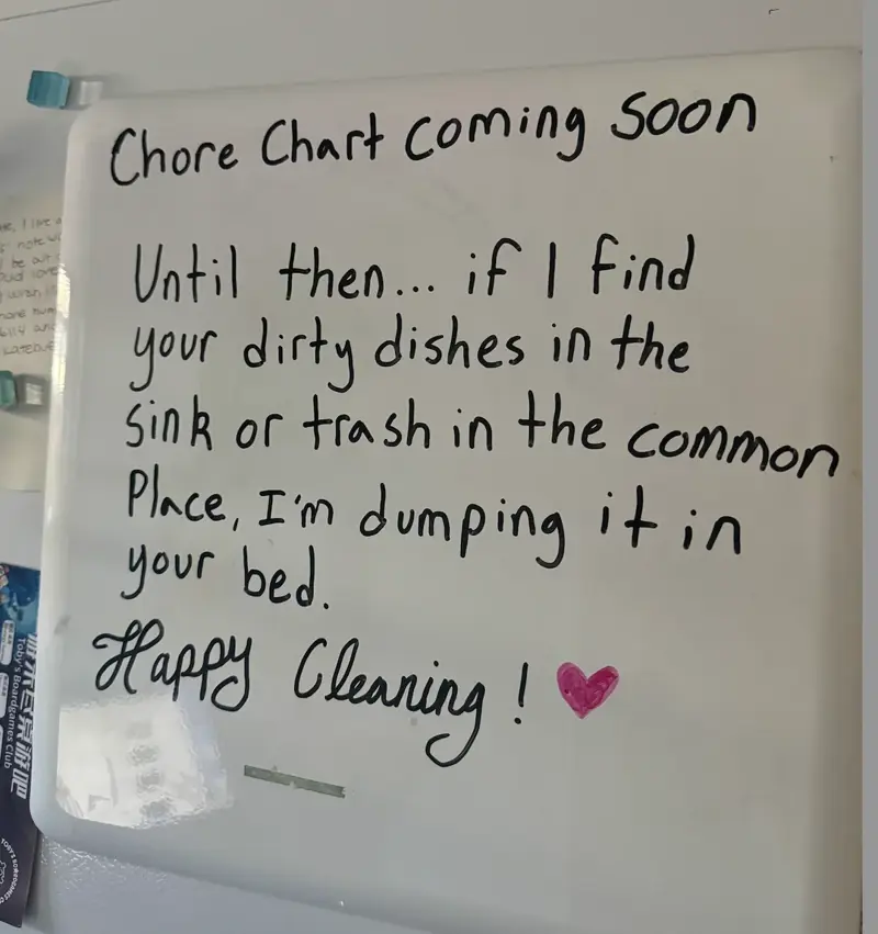 1. There's nothing worse than having no counter space while trying to cook, 2. This also applies to boyfriends, 3. "I broke my toilet a few times this year, so my roommate got this text from our landlord framed.", 5. When your roommates pick you up from the airport, 6. "My roommate put this on our fridge.", 7. You can tell the roommate who made this sign has lost a few drinks to theft, 8. This is a valid reason not to take the trash on your day, 9. I'd say the punishment fits the crime, 10. You just know he was tired of cleaning it after people used it, 11. I think it's time to find a new roommate, 12. At least they left a few squares behind in the meantime, 13. Passive-aggressive? Yes. Understandable? Also yes., 14. "I came home to this, and I'm so unbelievably happy, you have no idea.", 15. I mean, fair, 16. Only two people live in this apartment, so it must be a mystery pan, 17. If my roommates led a rat into our place, it would be in flames, 18. You can tell there was some animosity by the tear in this note, 19. Who points the shower head outside the shower?