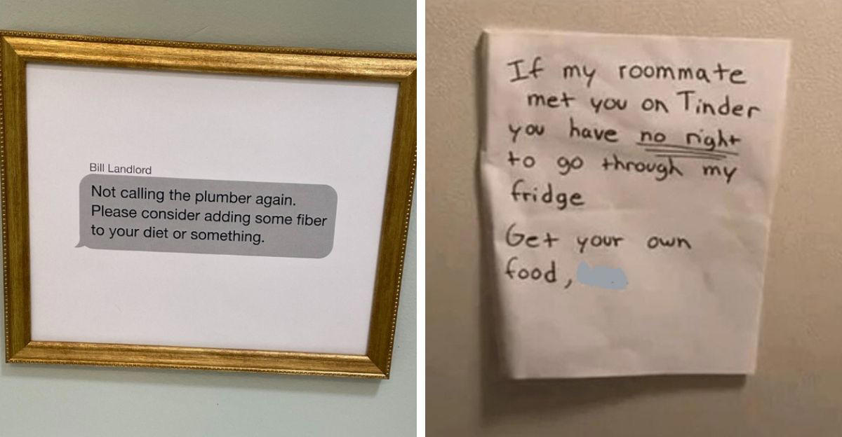 1. There's nothing worse than having no counter space while trying to cook, 2. This also applies to boyfriends, 3. "I broke my toilet a few times this year, so my roommate got this text from our landlord framed.", 5. When your roommates pick you up from the airport, 6. "My roommate put this on our fridge.", 7. You can tell the roommate who made this sign has lost a few drinks to theft, 8. This is a valid reason not to take the trash on your day, 9. I'd say the punishment fits the crime, 10. You just know he was tired of cleaning it after people used it, 11. I think it's time to find a new roommate, 12. At least they left a few squares behind in the meantime, 13. Passive-aggressive? Yes. Understandable? Also yes., 14. "I came home to this, and I'm so unbelievably happy, you have no idea.", 15. I mean, fair, 16. Only two people live in this apartment, so it must be a mystery pan, 17. If my roommates led a rat into our place, it would be in flames, 18. You can tell there was some animosity by the tear in this note, 19. Who points the shower head outside the shower?