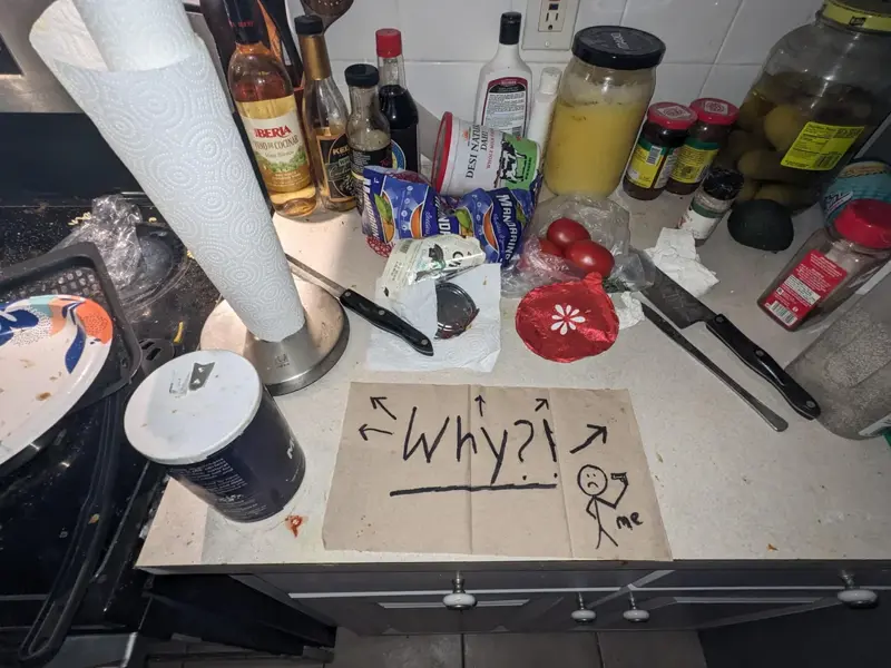 1. There's nothing worse than having no counter space while trying to cook, 2. This also applies to boyfriends, 3. "I broke my toilet a few times this year, so my roommate got this text from our landlord framed.", 5. When your roommates pick you up from the airport, 6. "My roommate put this on our fridge.", 7. You can tell the roommate who made this sign has lost a few drinks to theft, 8. This is a valid reason not to take the trash on your day, 9. I'd say the punishment fits the crime, 10. You just know he was tired of cleaning it after people used it, 11. I think it's time to find a new roommate, 12. At least they left a few squares behind in the meantime, 13. Passive-aggressive? Yes. Understandable? Also yes., 14. "I came home to this, and I'm so unbelievably happy, you have no idea.", 15. I mean, fair, 16. Only two people live in this apartment, so it must be a mystery pan, 17. If my roommates led a rat into our place, it would be in flames, 18. You can tell there was some animosity by the tear in this note, 19. Who points the shower head outside the shower?