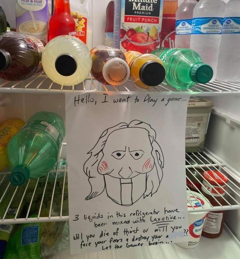 1. There's nothing worse than having no counter space while trying to cook, 2. This also applies to boyfriends, 3. "I broke my toilet a few times this year, so my roommate got this text from our landlord framed.", 5. When your roommates pick you up from the airport, 6. "My roommate put this on our fridge.", 7. You can tell the roommate who made this sign has lost a few drinks to theft, 8. This is a valid reason not to take the trash on your day, 9. I'd say the punishment fits the crime, 10. You just know he was tired of cleaning it after people used it, 11. I think it's time to find a new roommate, 12. At least they left a few squares behind in the meantime, 13. Passive-aggressive? Yes. Understandable? Also yes., 14. "I came home to this, and I'm so unbelievably happy, you have no idea.", 15. I mean, fair, 16. Only two people live in this apartment, so it must be a mystery pan, 17. If my roommates led a rat into our place, it would be in flames, 18. You can tell there was some animosity by the tear in this note, 19. Who points the shower head outside the shower?