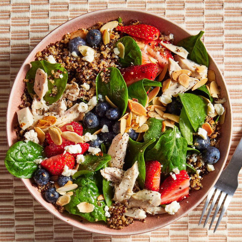 High-Protein White Bean Salad with Feta &amp; Lemon-Garlic Vinaigrette, Raspberry-Spinach Salad with Avocado &amp; Walnuts, No-Cook White Bean &amp; Spinach Caprese Salad, Cucumber-Blueberry Spinach Salad, The Simplest Spinach Salad, Chicken &amp; Spinach Salad with Creamy Feta Dressing, Spinach Salad with Quinoa, Chicken &amp; Fresh Berries, Orzo Salad with Chickpeas &amp; Artichoke Hearts, Apple-Cranberry Spinach Salad with Goat Cheese, Fiber-Packed Spicy White Bean &amp; Spinach Salad, High-Protein Grilled Chicken Salad, Summer Blueberry Salad with Toasted Pecans &amp; Feta, Air-Fryer Tempura Artichoke Salad with Lemon-Dill Dressing, Peach &amp; Spinach Salad with Feta, Grilled Corn Salad with Chili-Miso Dressing, Best Caesar Salad with Crispy Parmesan, Pear Salad, Spinach Salad with Warm Bacon Vinaigrette, Red Onion &amp; Avocado, Salmon Couscous Salad