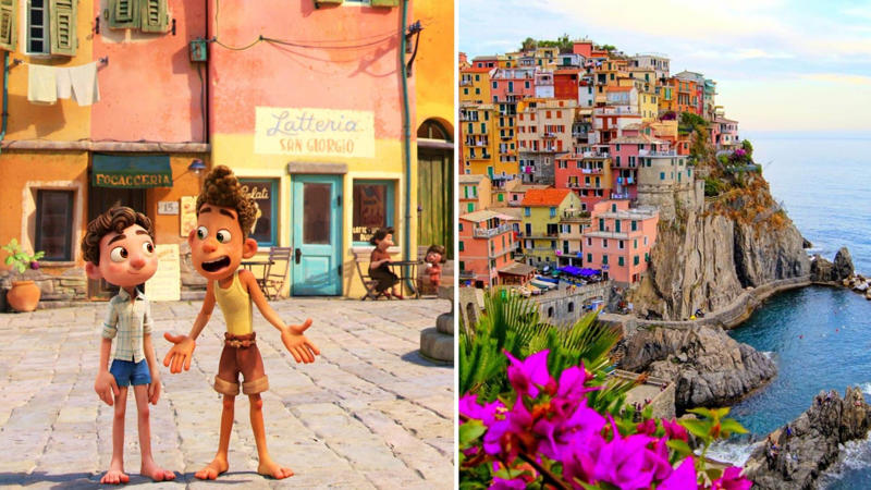 #21: Luca (2021)—Cinque Terre, Italy #1: Ratatouille (2007)—Paris, France, #3: Frozen (2013)—Norwegian Fjords and Towns, #4: Brave (2012)—Scottish Highlands, #6: Howl’s Moving Castle (2004)—Colmar, France, and German Villages, #7: The Lion King (1994)—African Savanna, Kenya, #9: Coco (2017)—Oaxaca, Mexico, #10: Rango (2011)—Mojave Desert, California, #12: Big Hero 6 (2014)—San Fransokyo, #13: Up (2009)—Paradise Falls Inspired by Angel Falls, Venezuela, #15: Pocahontas (1995)—Great Smoky Mountains, USA, #16: Zootopia (2016)—Various Cities Around the World, #18: Beauty and the Beast (1991)—Villages in France, #19: Tangled (2010)—Bavaria, Germany, #21: Luca (2021)—Cinque Terre, Italy, #22: Aristocats (1970)—Paris, France, #24: The Secret of NIMH (1982)—American Farmlands