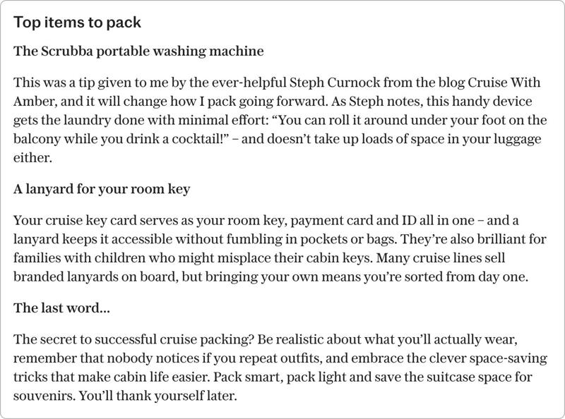 Top tips for packing, The golden rule: be ruthless, What to pack your items in, Be pool-ready from the get-go, What to pack, Layers for air conditioning, Medicine, A portable light, Space savers, Leave at home, Toiletries, Formal wear, Bulky coats, The last word, About our expert, Sarah Keenlyside