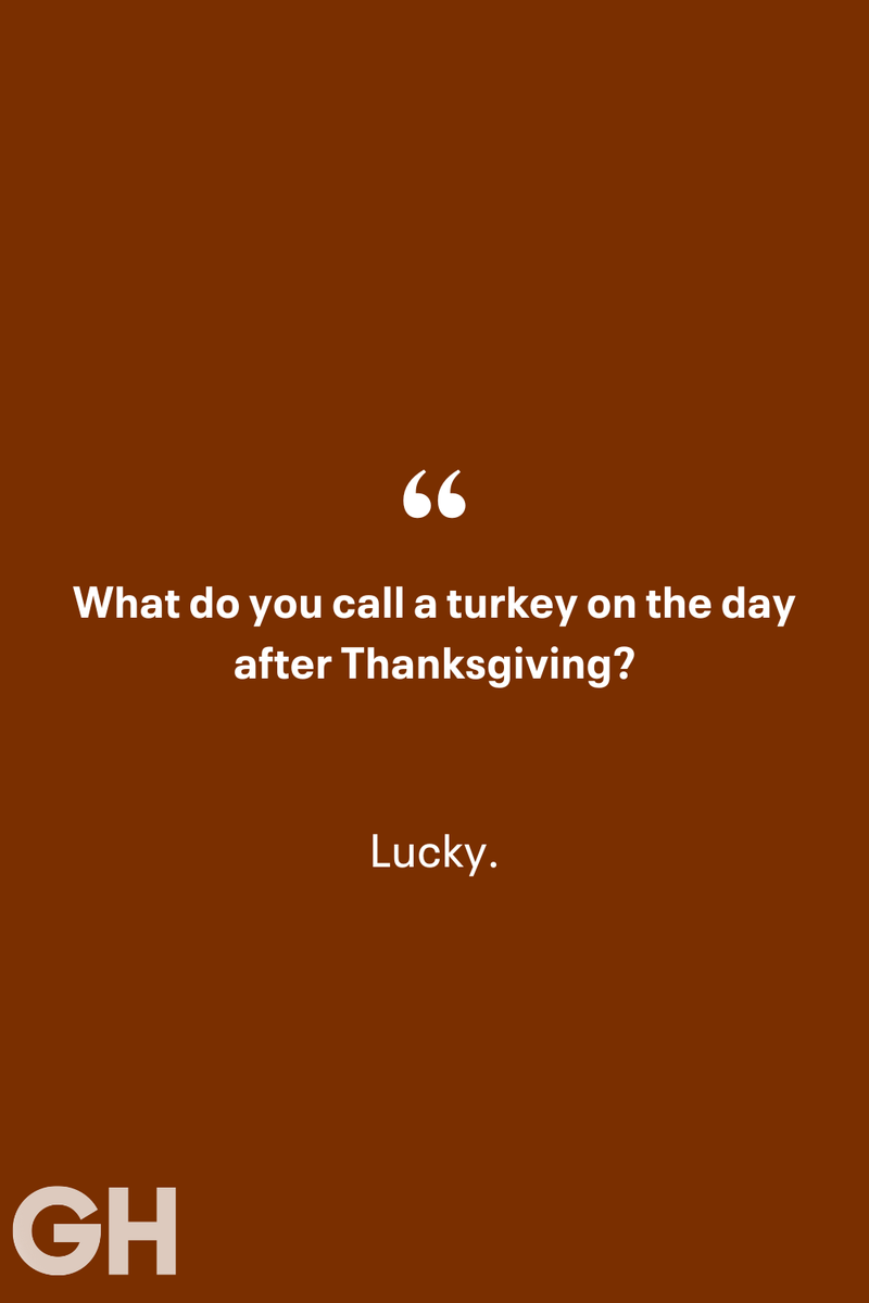18) 1) What key can’t open any doors?, 2) What do you call a turkey who tells jokes?, 3) Why did the pie go to the dentist?, 4) Why don’t turkeys trust each other?, 5) Why did the corn go to therapy?, 6) What do you call a group of musical sweet potatoes?, 7) What do you call a running turkey?, 8) Why did the mashed potatoes go to therapy?, 9) What do you call a turkey on the day after Thanksgiving?, 10) Why did the turkey join the comedy club?, 11) What’s the best way to fix a broken pumpkin?, 12) Why did the cranberry blush?, 13) What do you need to make Thanksgiving s'mores?, 15) What's blue and covered in feathers?, 17) What did the ocean say when it saw the Mayflower crossing?, 18) Did you hear about the turkey that plays baseball?, 20) What did the pilgrim wear to dinner?, 21) What’s a pilgrim’s favorite dance?, 22) Why do pilgrims' pants always fall down?, 24) Did you hear the one about the rude turkey?, 25) What did Dad say when he was asked to say grace?, 26) Where did the Pilgrims stand after landing on Plymouth Rock?, 27) What do you call rain on Turkey Day?, 28) Why did the policeman stop you on your way home last Thanksgiving?, 29) Why was the turkey asked to join a band?, 30) When are turkeys the most grateful?, 31) Why didn't the pilgrim want to make the bread?, 32) How do little pumpkins cross the road?, 33) What Thanksgiving treat is the most popular at the kids' table?, 34) Why should you never tell secrets in a cornfield?, 35) What's something usually insulting, but not on Thanksgiving?, 36) What's the best song to sing when preparing your turkey?, 37) What should you expect at the end of Thanksgiving?, 38) Did you hear about the scarecrow who won first prize?, 39) Who should you invite to your Friendsgiving?, 40) What sound does a turkey's phone make?, 41) What do sweet potatoes wear to bed?, 44) Why is corn so popular on Thanksgiving?, 45) Why did the turkey bring a microphone to dinner?, 46) What's the smallest unit of measurement in the pilgrim cookbook?, 47) What do you call a sad cranberry?, 48) What do Thanksgiving and Halloween have in common?, 49) What did the mother turkey say to her disobedient children?, 50) What did the turkey say to the computer?, 51) What is a pumpkin's favorite sport?, 52) What kind of face does a pilgrim make when he's in pain?, 53) What was the turkey suspected of?, 54) What's the best way to stuff a turkey?, 55) Which side of the turkey has the most feathers?, 56) What would you get if you crossed a turkey with a ghost?, 57) What sound does a limping turkey make?, 59) What do you call a holiday dinner without the parents?, 60) What smells the best at a Thanksgiving dinner?, 61) What did the turkey say before it was roasted?, 62) What's a turkey's favorite Thanksgiving food?, 63) What happened when the turkey got into a fight?, 64) What’s the most musical part of a turkey?, 65) When is the turkey soup bad for your health?, 66) Why can’t you take a turkey to church?, 67) What do you call a running turkey?, 68) Why did the turkey cross the road?, 69) What role do green beans play in Thanksgiving dinner?, 70) Knock Knock. Who's there? Tamara., 71) What do you call a pilgrim's vocabulary?, 72) Why do turkeys gobble?, 73) Kevin James, 74) What's Frankenstein's favorite Thanksgiving dish?, 75) Jim Gaffigan, 76) Why was the Thanksgiving soup so expensive?, 77) What kind of key can't open doors?, 78) What did the turkey say to the turkey hunter on Thanksgiving Day?, 79) How did the salt and pepper welcome all the guests?, 81) When do you serve tofu turkey?, 82) If April showers bring May flowers, what do May flowers bring?, 83) What kind of music did the Pilgrims like?, 84) Why should you never set the turkey next to the dessert?, 85) Why did the turkey cross the road twice?
