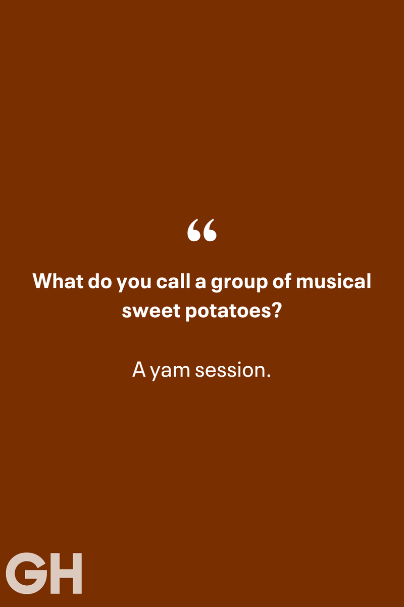 11) 1) What key can’t open any doors?, 2) What do you call a turkey who tells jokes?, 3) Why did the pie go to the dentist?, 4) Why don’t turkeys trust each other?, 5) Why did the corn go to therapy?, 6) What do you call a group of musical sweet potatoes?, 7) What do you call a running turkey?, 8) Why did the mashed potatoes go to therapy?, 9) What do you call a turkey on the day after Thanksgiving?, 10) Why did the turkey join the comedy club?, 11) What’s the best way to fix a broken pumpkin?, 12) Why did the cranberry blush?, 13) What do you need to make Thanksgiving s'mores?, 15) What's blue and covered in feathers?, 17) What did the ocean say when it saw the Mayflower crossing?, 18) Did you hear about the turkey that plays baseball?, 20) What did the pilgrim wear to dinner?, 21) What’s a pilgrim’s favorite dance?, 22) Why do pilgrims' pants always fall down?, 24) Did you hear the one about the rude turkey?, 25) What did Dad say when he was asked to say grace?, 26) Where did the Pilgrims stand after landing on Plymouth Rock?, 27) What do you call rain on Turkey Day?, 28) Why did the policeman stop you on your way home last Thanksgiving?, 29) Why was the turkey asked to join a band?, 30) When are turkeys the most grateful?, 31) Why didn't the pilgrim want to make the bread?, 32) How do little pumpkins cross the road?, 33) What Thanksgiving treat is the most popular at the kids' table?, 34) Why should you never tell secrets in a cornfield?, 35) What's something usually insulting, but not on Thanksgiving?, 36) What's the best song to sing when preparing your turkey?, 37) What should you expect at the end of Thanksgiving?, 38) Did you hear about the scarecrow who won first prize?, 39) Who should you invite to your Friendsgiving?, 40) What sound does a turkey's phone make?, 41) What do sweet potatoes wear to bed?, 44) Why is corn so popular on Thanksgiving?, 45) Why did the turkey bring a microphone to dinner?, 46) What's the smallest unit of measurement in the pilgrim cookbook?, 47) What do you call a sad cranberry?, 48) What do Thanksgiving and Halloween have in common?, 49) What did the mother turkey say to her disobedient children?, 50) What did the turkey say to the computer?, 51) What is a pumpkin's favorite sport?, 52) What kind of face does a pilgrim make when he's in pain?, 53) What was the turkey suspected of?, 54) What's the best way to stuff a turkey?, 55) Which side of the turkey has the most feathers?, 56) What would you get if you crossed a turkey with a ghost?, 57) What sound does a limping turkey make?, 59) What do you call a holiday dinner without the parents?, 60) What smells the best at a Thanksgiving dinner?, 61) What did the turkey say before it was roasted?, 62) What's a turkey's favorite Thanksgiving food?, 63) What happened when the turkey got into a fight?, 64) What’s the most musical part of a turkey?, 65) When is the turkey soup bad for your health?, 66) Why can’t you take a turkey to church?, 67) What do you call a running turkey?, 68) Why did the turkey cross the road?, 69) What role do green beans play in Thanksgiving dinner?, 70) Knock Knock. Who's there? Tamara., 71) What do you call a pilgrim's vocabulary?, 72) Why do turkeys gobble?, 73) Kevin James, 74) What's Frankenstein's favorite Thanksgiving dish?, 75) Jim Gaffigan, 76) Why was the Thanksgiving soup so expensive?, 77) What kind of key can't open doors?, 78) What did the turkey say to the turkey hunter on Thanksgiving Day?, 79) How did the salt and pepper welcome all the guests?, 81) When do you serve tofu turkey?, 82) If April showers bring May flowers, what do May flowers bring?, 83) What kind of music did the Pilgrims like?, 84) Why should you never set the turkey next to the dessert?, 85) Why did the turkey cross the road twice?