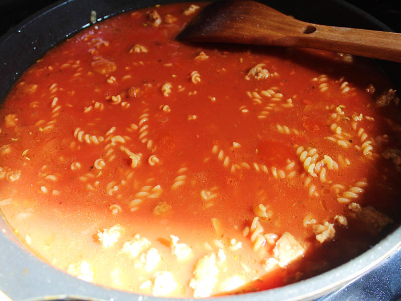I then added the ingredients for the tomato sauce and the uncooked pasta noodles.