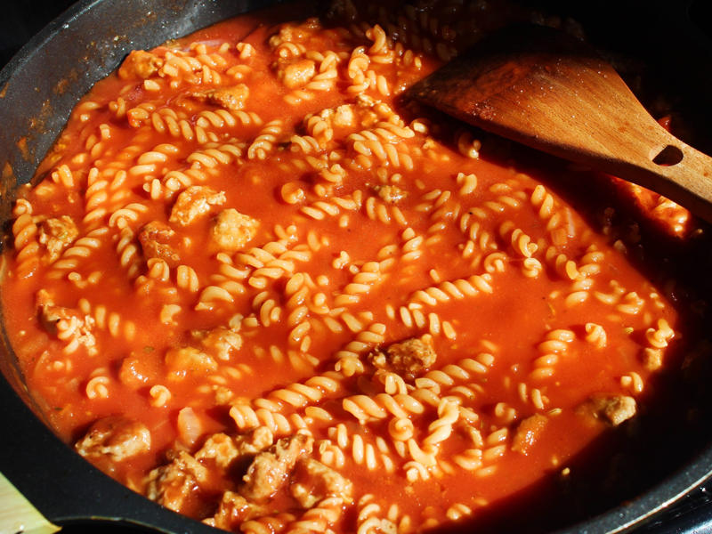 After cooking the pasta noodles in the sauce for about 20 minutes, it thickened up.