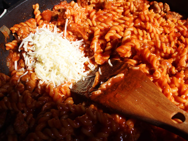 After the pasta had fully cooked, I removed the pan from the heat and added a cup of shredded mozzarella cheese and the mascarpone.
