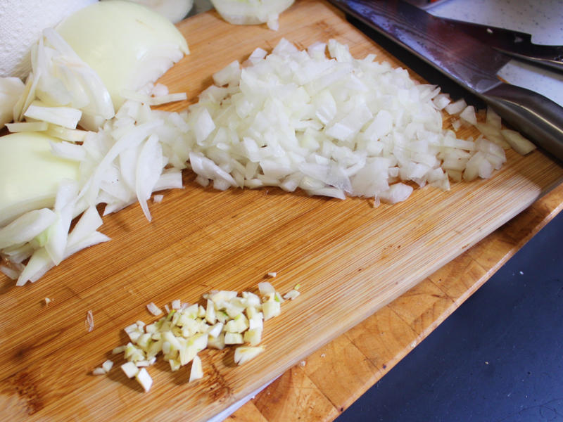 I started by dicing a medium-sized onion and a few cloves of garlic.