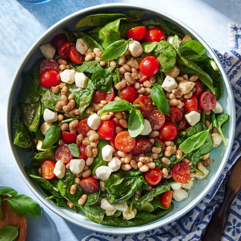 High-Protein White Bean Salad with Feta &amp; Lemon-Garlic Vinaigrette, Raspberry-Spinach Salad with Avocado &amp; Walnuts, No-Cook White Bean &amp; Spinach Caprese Salad, Cucumber-Blueberry Spinach Salad, The Simplest Spinach Salad, Chicken &amp; Spinach Salad with Creamy Feta Dressing, Spinach Salad with Quinoa, Chicken &amp; Fresh Berries, Orzo Salad with Chickpeas &amp; Artichoke Hearts, Apple-Cranberry Spinach Salad with Goat Cheese, Fiber-Packed Spicy White Bean &amp; Spinach Salad, High-Protein Grilled Chicken Salad, Summer Blueberry Salad with Toasted Pecans &amp; Feta, Air-Fryer Tempura Artichoke Salad with Lemon-Dill Dressing, Peach &amp; Spinach Salad with Feta, Grilled Corn Salad with Chili-Miso Dressing, Best Caesar Salad with Crispy Parmesan, Pear Salad, Spinach Salad with Warm Bacon Vinaigrette, Red Onion &amp; Avocado, Salmon Couscous Salad
