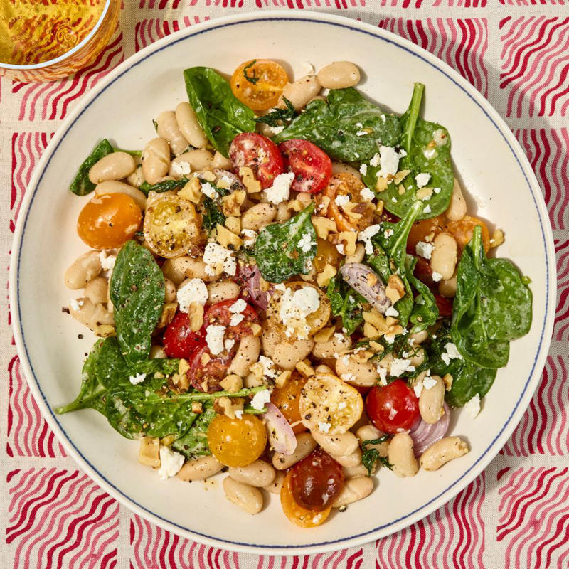 High-Protein White Bean Salad with Feta &amp; Lemon-Garlic Vinaigrette, Raspberry-Spinach Salad with Avocado &amp; Walnuts, No-Cook White Bean &amp; Spinach Caprese Salad, Cucumber-Blueberry Spinach Salad, The Simplest Spinach Salad, Chicken &amp; Spinach Salad with Creamy Feta Dressing, Spinach Salad with Quinoa, Chicken &amp; Fresh Berries, Orzo Salad with Chickpeas &amp; Artichoke Hearts, Apple-Cranberry Spinach Salad with Goat Cheese, Fiber-Packed Spicy White Bean &amp; Spinach Salad, High-Protein Grilled Chicken Salad, Summer Blueberry Salad with Toasted Pecans &amp; Feta, Air-Fryer Tempura Artichoke Salad with Lemon-Dill Dressing, Peach &amp; Spinach Salad with Feta, Grilled Corn Salad with Chili-Miso Dressing, Best Caesar Salad with Crispy Parmesan, Pear Salad, Spinach Salad with Warm Bacon Vinaigrette, Red Onion &amp; Avocado, Salmon Couscous Salad