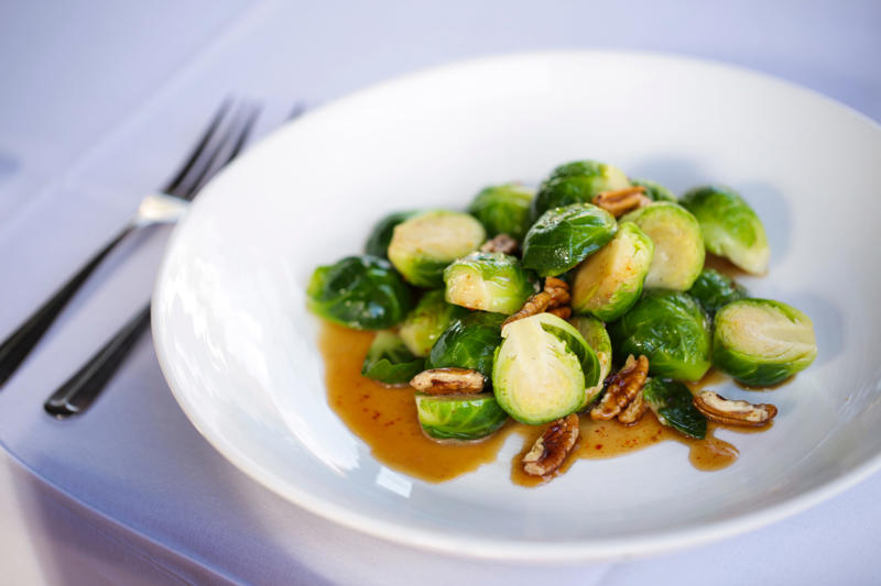 Shrimp ceviche, Tuna ceviche with pineapple salsa, Lobster and pumpkin bisque, Sorghum-glazed Brussels sprouts with pecans, Pumpkin flan