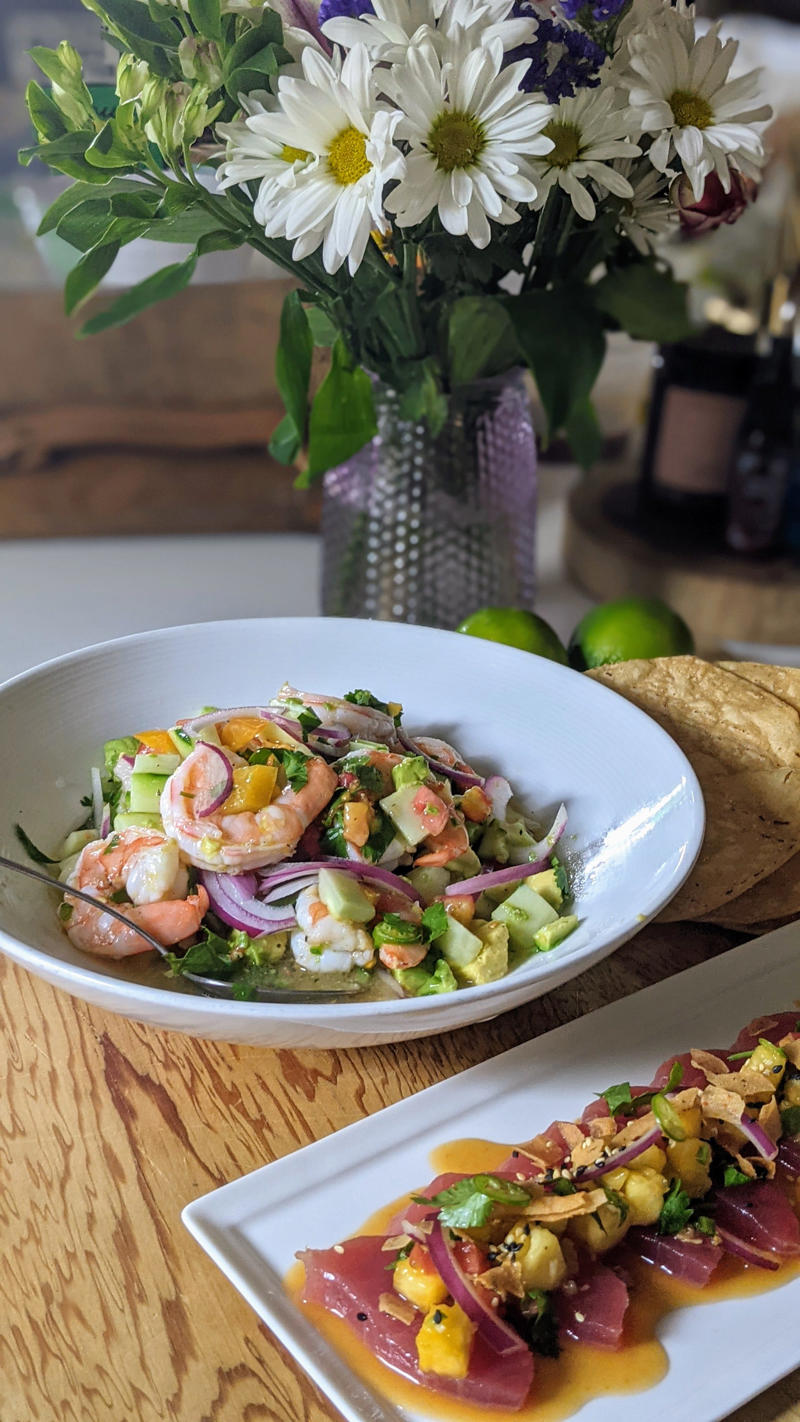 Shrimp ceviche, Tuna ceviche with pineapple salsa, Lobster and pumpkin bisque, Sorghum-glazed Brussels sprouts with pecans, Pumpkin flan