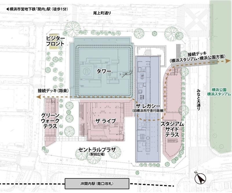 関内駅徒歩約1分、横浜スタジアム隣の好立地, 横浜スタジアム横に55店舗が集結する商業エリアの全貌, 国内最大級のバル街「スタジアム横バル街」でハシゴ酒！, 新業態の2店舗にも注目！, 日本最大級の常設型ライブビューイングアリーナも登場, 「OMO7 横浜 by 星野リゾート」は10月22日予約開始！, 関内最高層オフィスで働く！ ビジネスと学びの拠点もオープン, 「BASEGATE 横浜関内」出店店舗