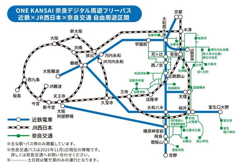 関西地域を周遊「ONE KANSAI」, 発売されるのは4種類, 「ONE KANSAI 大阪スマートアクセスパス」, 「ONE KANSAI 奈良デジタル周遊フリーパス」, 「ONE KANSAI 京都満喫3wayパス」