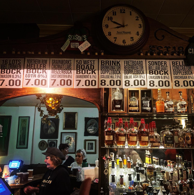 Mid-City Restaurant, Downtown , The Echo, Hyde Park, The National Exemplar, Mariemont, Sudova, Downtown, Colette, Over-the-Rhine, Arnold's, Downtown, Maury's Tiny Cove, Cheviot, Wayfarer Tavern, Dayton, Kentucky, The Code Room bar in the back of Zip's, Mount Lookout, The Pickled Pig, Walnut Hills, Carmelo's, Covington