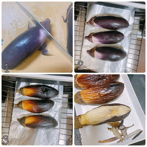 魚焼きグリルで放ったらかし！『焼き茄子』の作り置きレシピ, 作り方（調理時間：約20分） ※粗熱を取る時間によって前後します, ブログ「mama*kitchen」 ・・・日々のごはん記録、ときどきコドモ。（http://mama-kitchen.blog.jp/）, インスタグラム 「Mayu*」・・・パンの日が多い、ワンプレート朝ごはん。（https://instagram.com/mama_kitchen/）