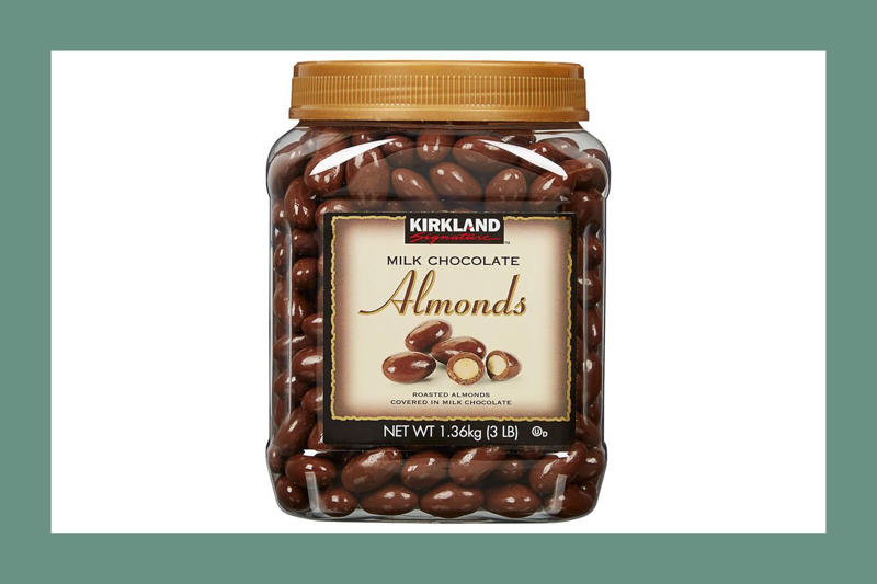 Kirkland Signature Organic Roasted Seaweed, Golden Island Korean BBQ Pork Jerky, Kirkland Signature Milk Chocolate Covered Almonds, San Pellegrino, Kirkland Signature Supreme Whole Almonds, SoKusa Shrimp Chips with Garlic and Butter, Unreal Dark Chocolate Coconut Minis