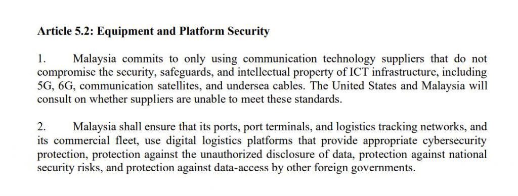 Digital service tax exemption for US tech firms, Waiver of 6% Universal Service Provision (USP) contribution for US tech giants , Transparent and impartial regulation for social media and cloud partners, Permanent suspension of DNS redirection to local DNS servers, Trusted technology clauses for 5G, 6G, satellites and undersea cables, What are the long-term implications for Malaysia’s digital and tech policy?