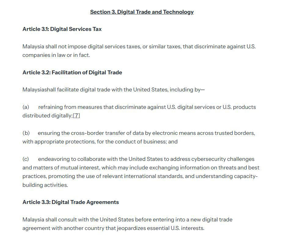 Digital service tax exemption for US tech firms, Waiver of 6% Universal Service Provision (USP) contribution for US tech giants , Transparent and impartial regulation for social media and cloud partners, Permanent suspension of DNS redirection to local DNS servers, Trusted technology clauses for 5G, 6G, satellites and undersea cables, What are the long-term implications for Malaysia’s digital and tech policy?